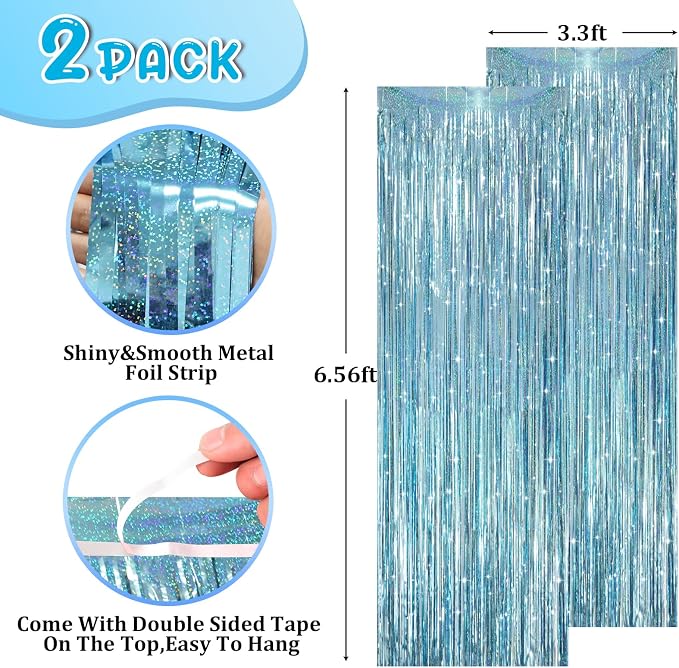 Voircoloria 2 Pack Laser Light Blue Foil Fringe Curtains, Tinsel Streamers - Image 2
