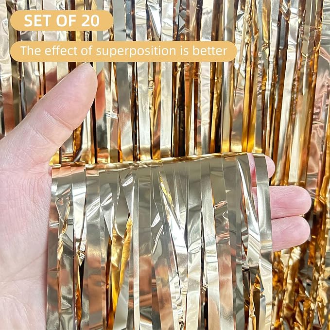 20 Pack Champagne Gold Foil Curtain Backdrop 3.2ft x 8.2ft Foil Fringe Backdrop - Image 2