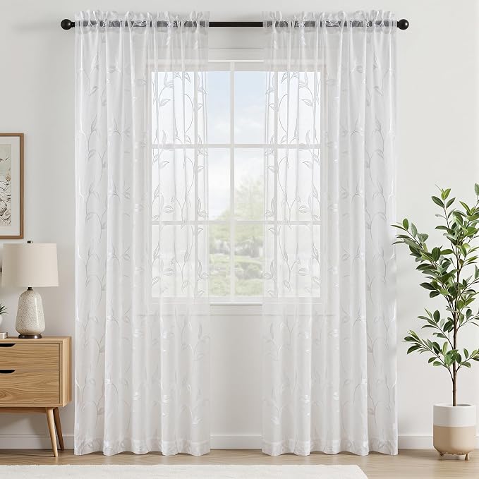 White Sheer Curtains Boho Leaf Floral Embroidered 54Wx120L | Light Filtering - Image 2
