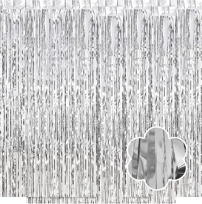 5 Pack Silver Foil Curtain Backdrop 3.2ft x 9.8ft Metallic Tinsel Foil Fringe by Ohiyoo
