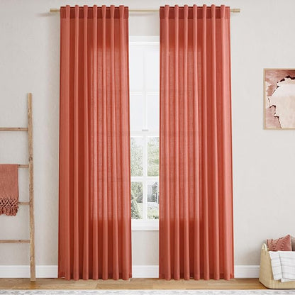 Coral Linen Curtains 84 Inch Length 2 Panels Set Back Tab Rod Pocket Light by Nanspring