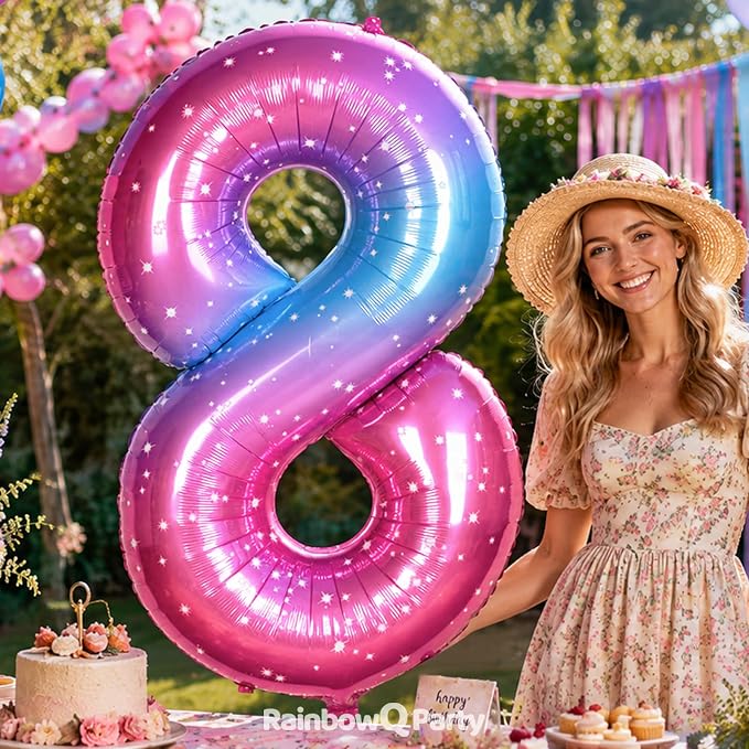 RainbowQ Blue Pink 8 Balloon Number 40 Inch Big 0-10 Foil Large Balloon | - Image 4