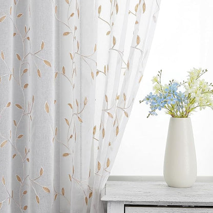 White Sheer Curtains Orange Leaf Embroidery Linen 96 Inches Long | Light - Image 5