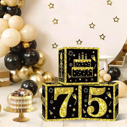 Eiurteao 3pcs Black Gold 75th Birthday Decorations Boxes - Image 2