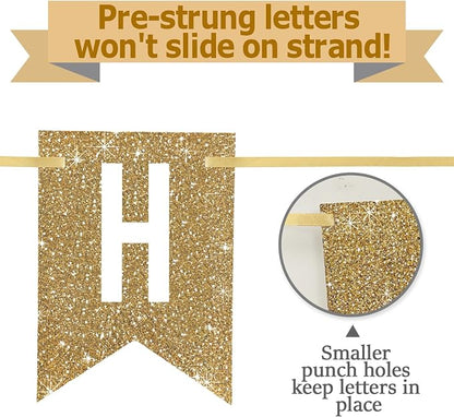 Netnology Pre-Strung Gold Glitter 70th Happy Birthday Banner Decorations | 12 - Image 3