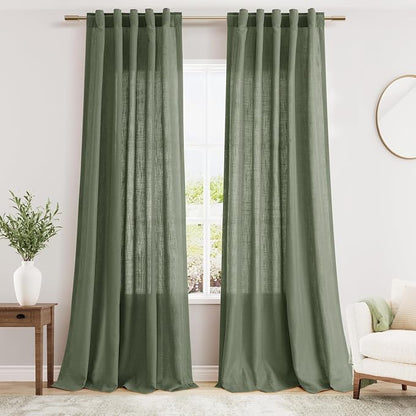 Olive Green Boho Curtains for Bedroom Back Tab Rod Pocket Semi Sheer Linen by Nanspring