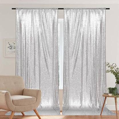 PartyDelight Silver Sequin Backdrop Curtains 5x10ft 2 Panels | Sparkly 3mm - Image 7
