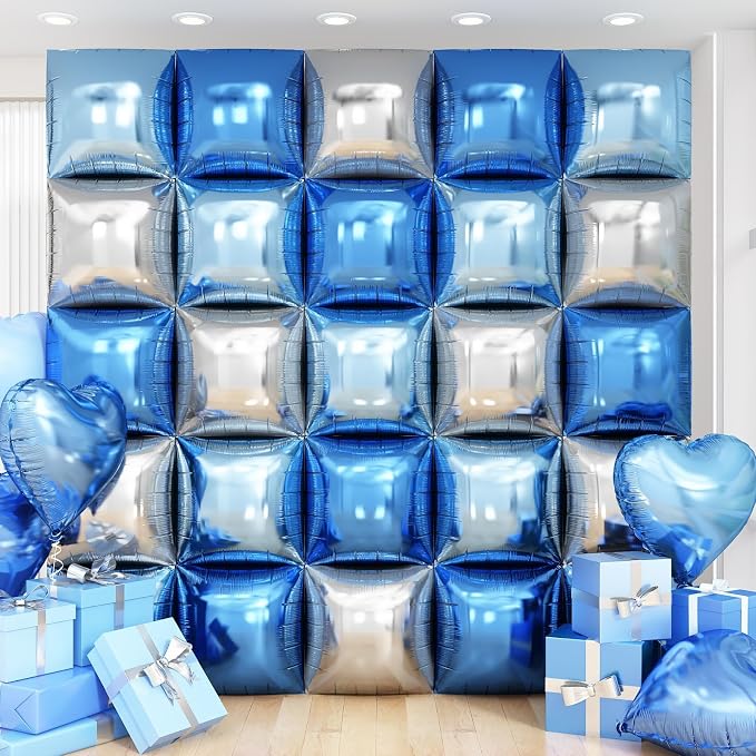 Blue Silver Square Foil Balloon Wall by Adorely