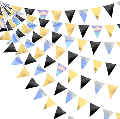 Black Gold Iridescent Party Decorations Triangle Pennant Banner Flag Metallic by pinkblume