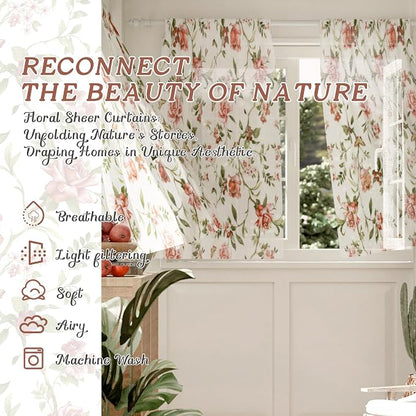 Sheer Curtains 54 Inch Length 2 Panels Set, Floral Patterned Linen Look - Image 2