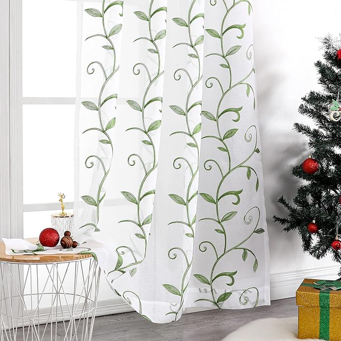 White Sheer Curtains Green Embroidered Leaves 2 Panels 54Wx63L | Light - Image 6
