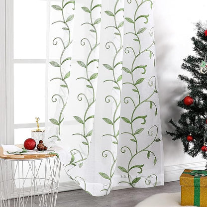 White Sheer Curtains Green Embroidered Leaves 2 Panels 54Wx63L | Light - Image 6