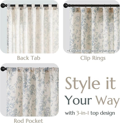jinchan Blue Floral Linen Curtains 90 Inch Vintage Back Tab 2 Panels | Light - Image 4