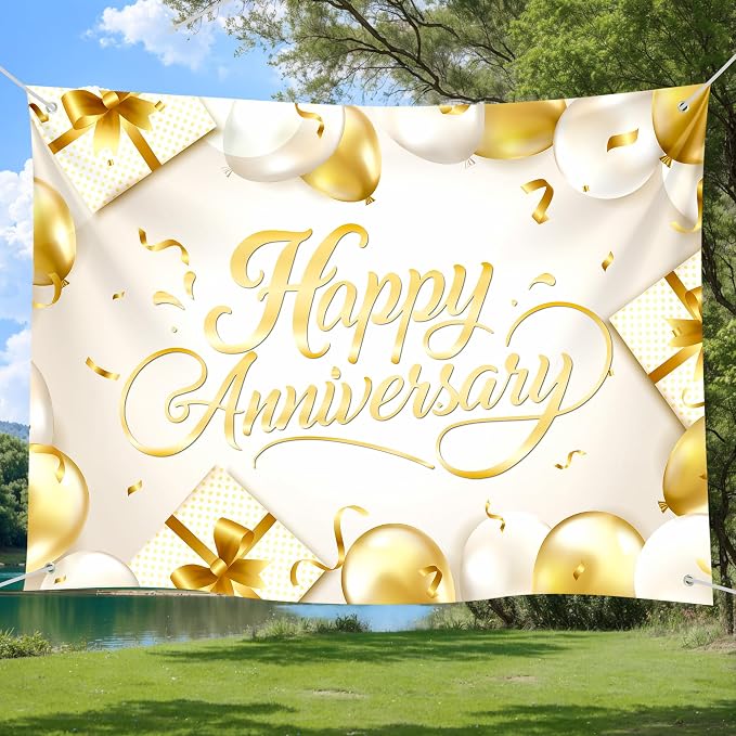 Happy Anniversary Backdrop Banner White Gold Elegant Photography Background - Image 3