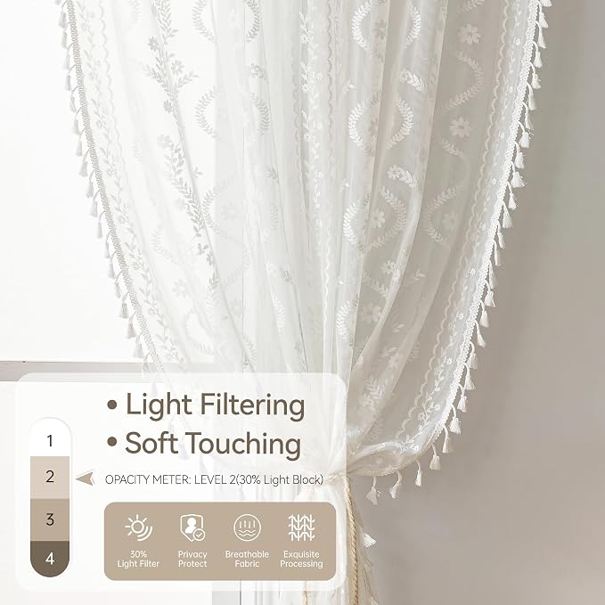 WAZZIO White Boho Lace Curtains 96 Inch -Cute Vintage Victorian Sheer Panel - Image 4