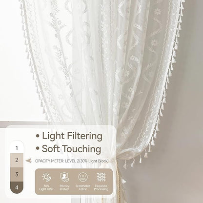 WAZZIO White Boho Lace Curtains 96 Inch -Cute Vintage Victorian Sheer Panel - Image 4