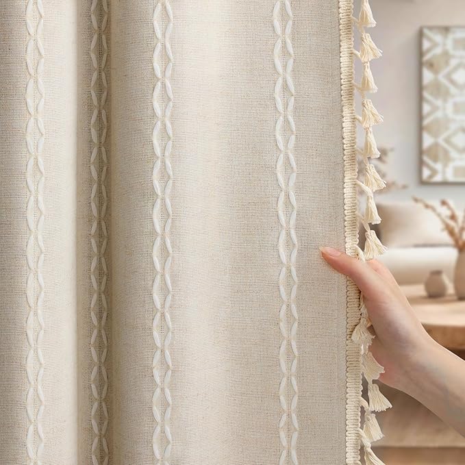 Boho 100% Blackout Curtains 72 Inch 2 Panels Linen Blend Beige | Vintage - Image 2