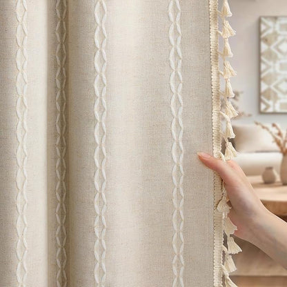Boho 100% Blackout Curtains 72 Inch 2 Panels Linen Blend Beige | Vintage - Image 2