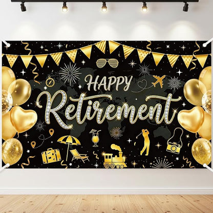 Happy Retirement Black Gold Backdrop by NIUBEHOHO