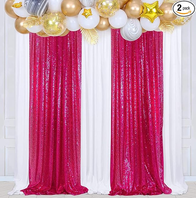Poise3EHome Hot Pink Sequin Backdrop, 2 Panel 2x8ft Glitter Curtain by Poise3EHome