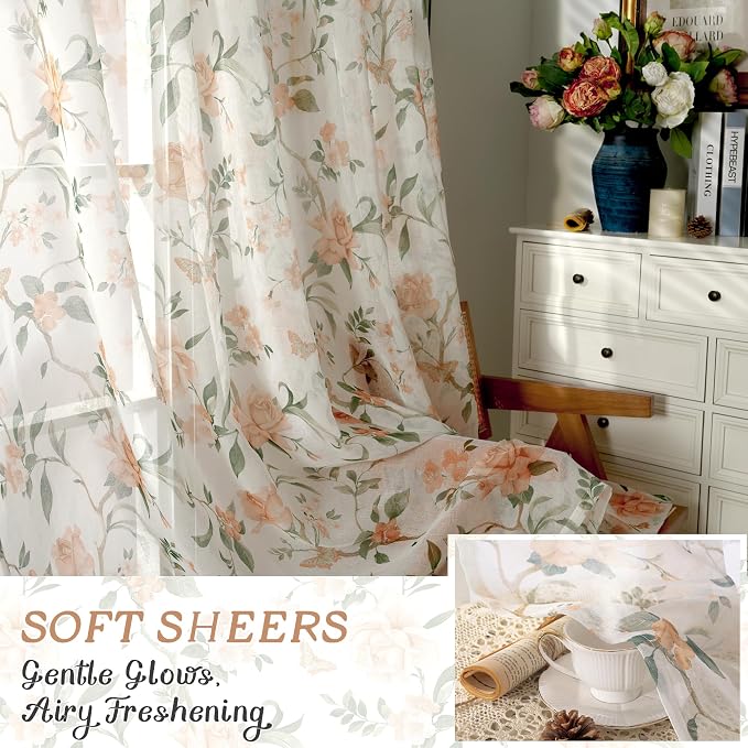 Floral Sheer Curtains for Bedroom Window 63 Inch Length 2 Panels, Farmhouse - Image 6