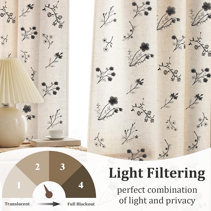 Black Floral Embroidered Light Filtering Curtains 84 Inch 2 Panels | Linen - Image 3