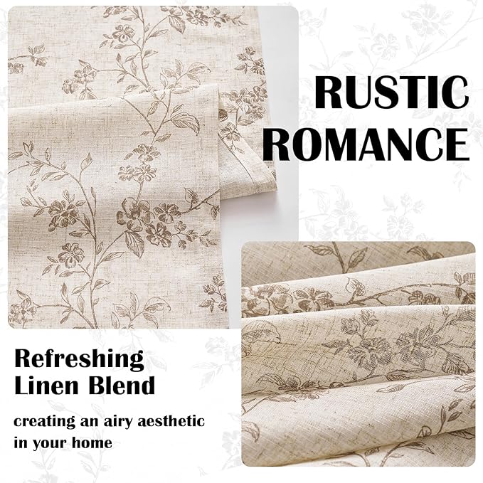 Taupe Vintage Floral Linen Curtains Farmhouse 38W X 96L 2 Panels | Elisa Series - Image 6