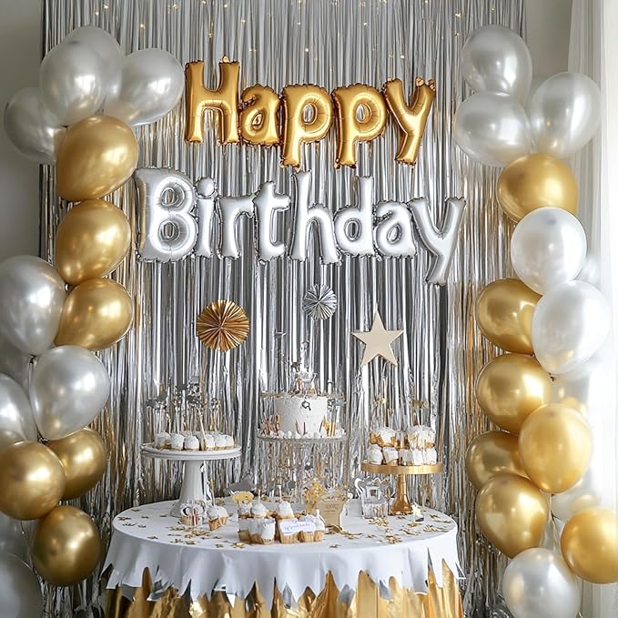 PartyWoo Metallic Silver Tinsel Foil Streamers 8.2FT 3pcs Fringe Backdrop | - Image 3