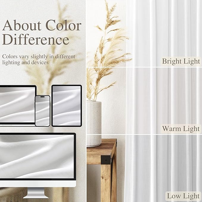 Linen White Curtains 96 Inches Long 2 Panels Set Back Tab Rod Pocket Semi Sheer - Image 4