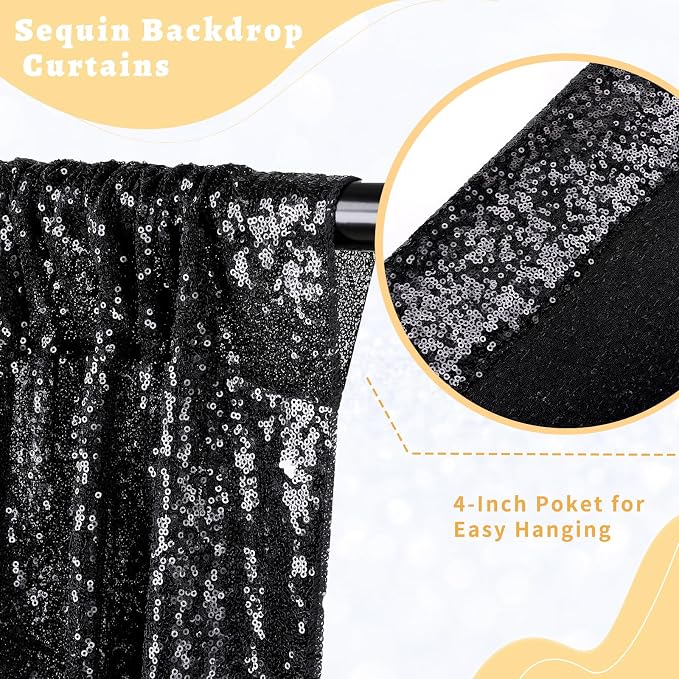 Black Sequin Backdrop Curtains 2 Pcs 3.3ftx8ft Sparkle Backdrop Fabric | - Image 4