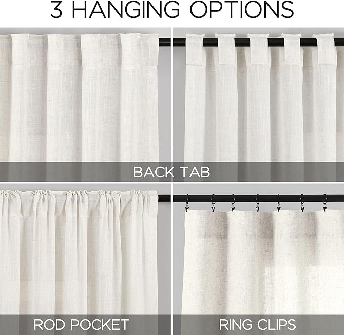 Beige White Linen Curtains 96 Inches Long 2 Panels Set - Image 2