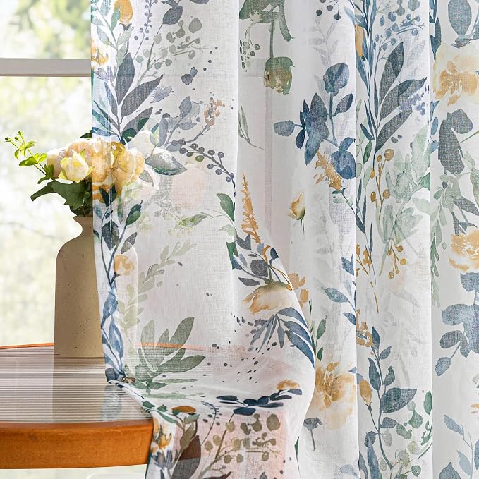 MYSKY HOME Yellow and Blue Sheer Floral Curtains 102 Inch Length 2 Panels | by MYSKYHOME