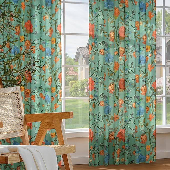 Green Floral Linen Curtains, Boho Whimsical Bird Print Curtains - Image 6