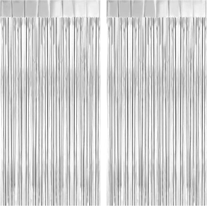 2 Pack Silver Foil Fringe Curtain Backdrop, 3.2Ft x 8.2Ft Metallic Tinsel Foil by welcomePIGETALE