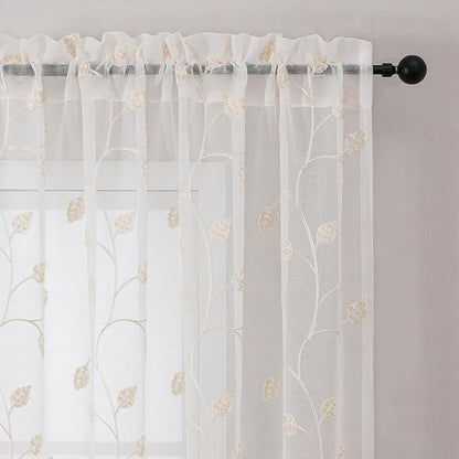Beige Sheer Curtains Decorative Embroidered Leaf 96 Inches Long | Light - Image 3