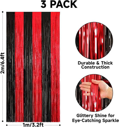jijAcraft Black Red Tinsel Foil Fringe Curtain, 2 Pack 3.2x6.5 Feet Metallic - Image 2