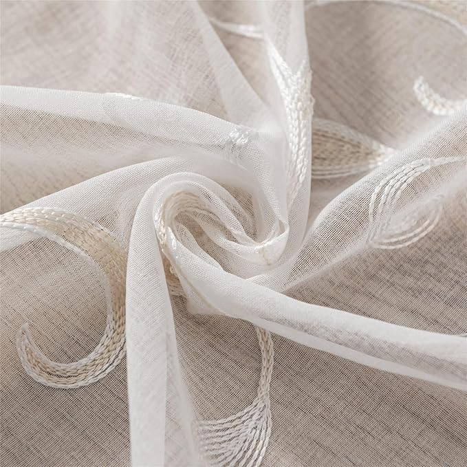 White Sheer Curtains Beige Embroidered Leaves 2 Panels 54Wx54L | Light - Image 3