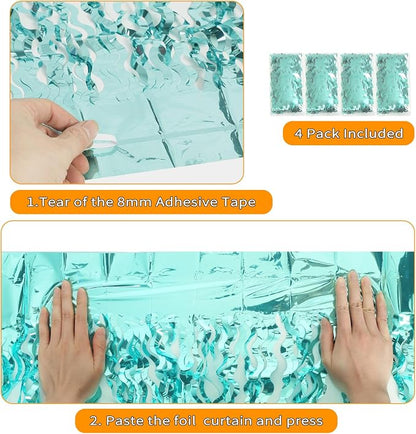 4 Pack 3.3 ft x 6.6 ft Wavy Aqua Teal Blue Tinsel Foil Fringe Curtains Backdrop - Image 4