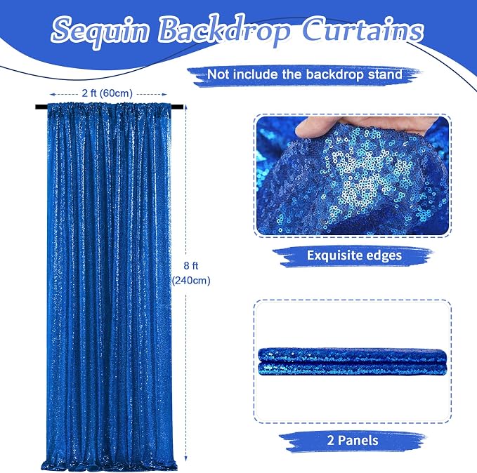 Royal Blue Sequin Backdrop Curtains, 2 Panels 2FTx8FT Blue Curtain Backdrop - Image 2