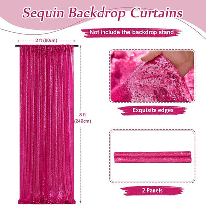 Fuchsia Sequin Backdrop Curtain Panels Stage 2 Pieces 2FTx8FT Wedding Party - Image 2