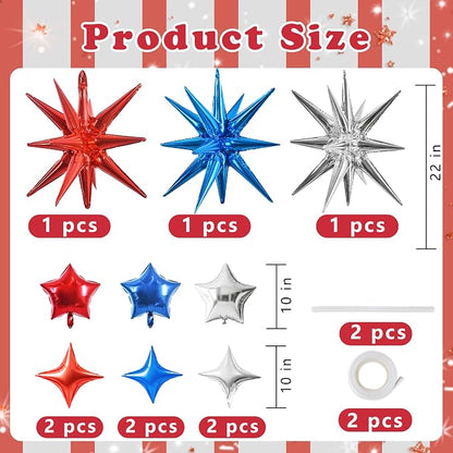 TONIFUL 22Inch 15Pcs Red Blue Silver Explosion Star Balloons and 10Inch Four - Image 2