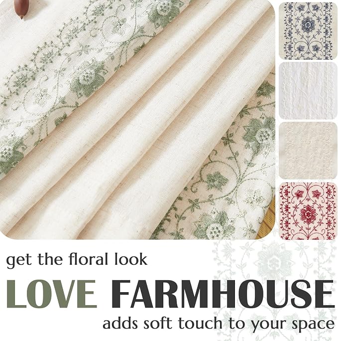 jinchan Floral Linen Curtains Embroidered Back Tab 50x63in 4 Panels Sage | - Image 5