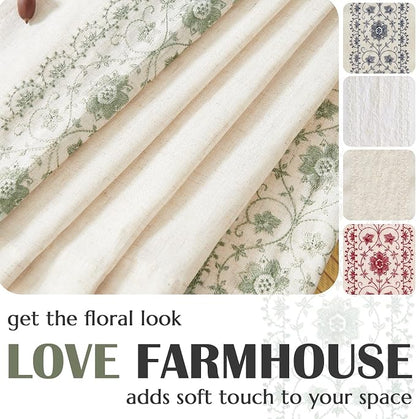 jinchan Floral Linen Curtains Embroidered Back Tab 50x63in 4 Panels Sage | - Image 5