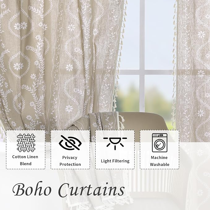Schweek Tan Beige 63 Inches Long Boho Tassels Curtains 2 Panels - Image 4