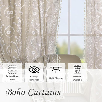 Schweek Tan Beige 63 Inches Long Boho Tassels Curtains 2 Panels - Image 4