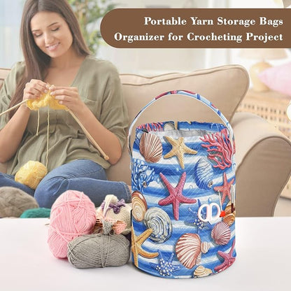 Blue Striped Starfishes Seashells Corals Yarn Bag Small Crochet Bag Drawstring - Image 4