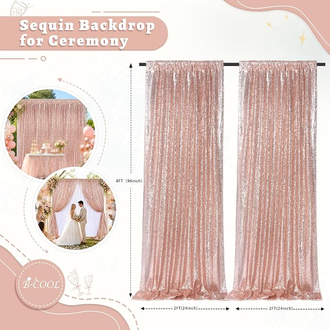 Blush Pink Sequin Backdrop Curtains Party Glitter Drapes 2 Pcs 2FTx8FT | - Image 2