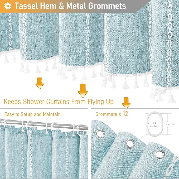 72x84 Long Boho Farmhouse Linen Heavy Duty Shower Curtain, Fog Blue | Tall Size - Image 5