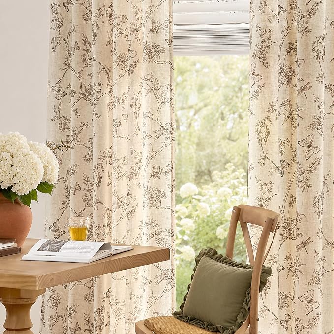 Taupe Floral Linen Curtains Farmhouse Rod Pocket 50W X 90L 2 Panels | Charlotte - Image 5