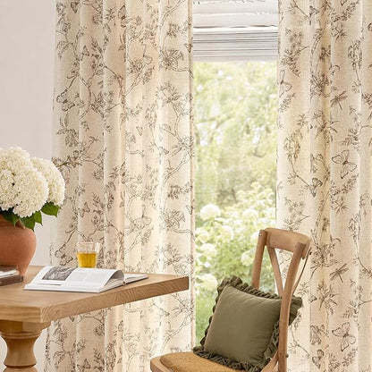 Taupe Floral Linen Curtains Farmhouse Rod Pocket 50W X 90L 2 Panels | Charlotte - Image 5